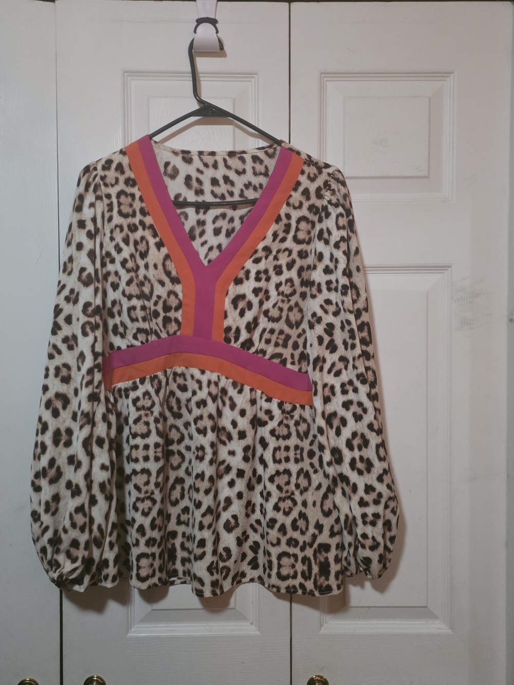 Leopard Print V-Neck Blouse with Pink & Orange Trim